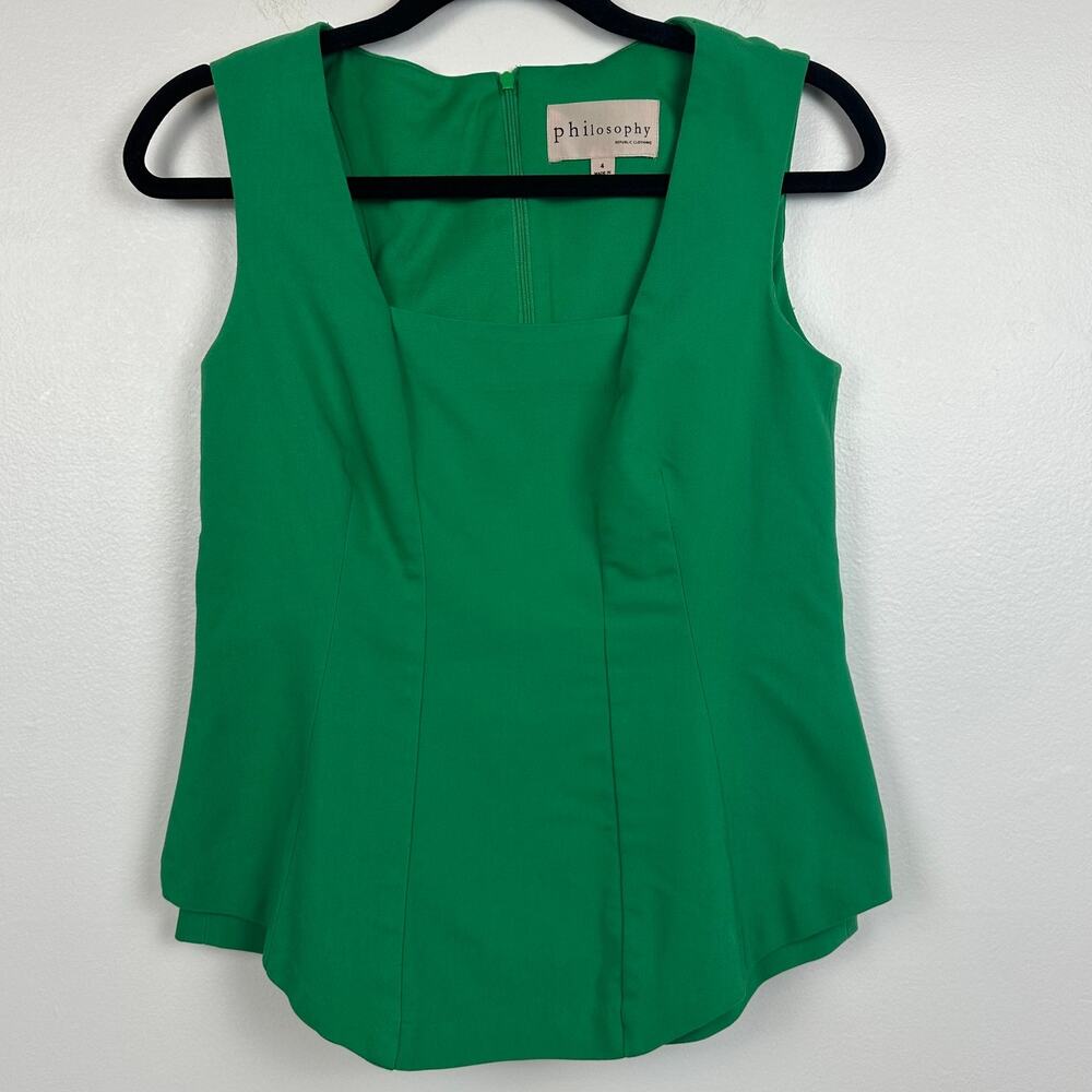 Philosophy Womens Square Neck Wide Strap Sleeveless Green Peplum Blouse Top 4